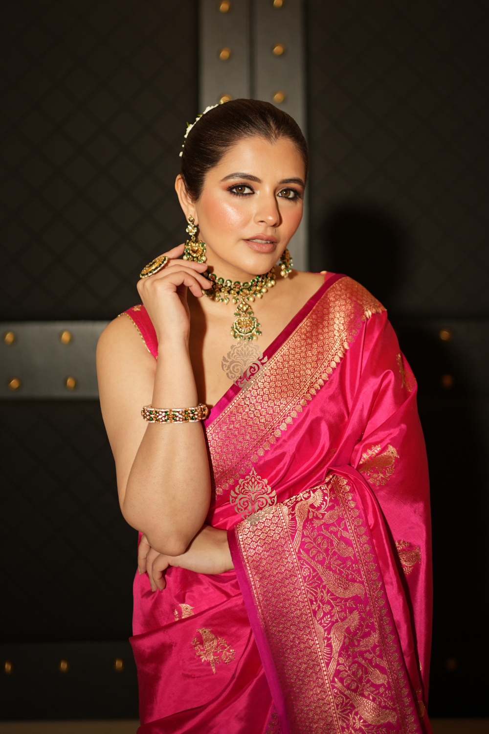 Natasha Luthra in our handwoven pink bird motif silk saree