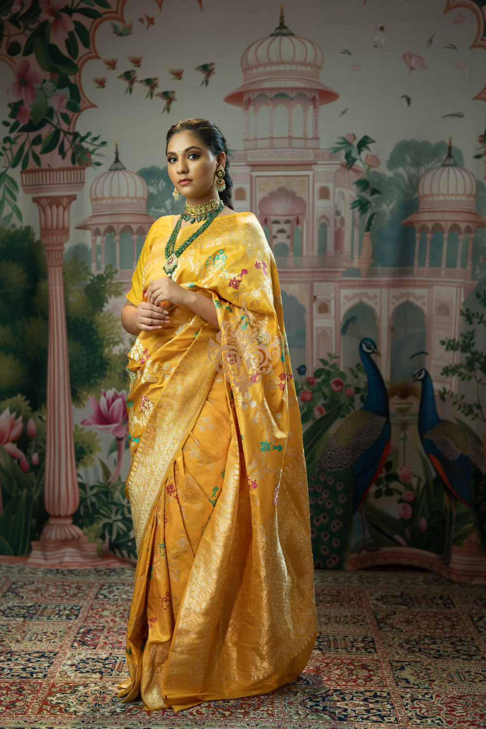 Handwoven vintage revival mustard yellow jangla silk saree