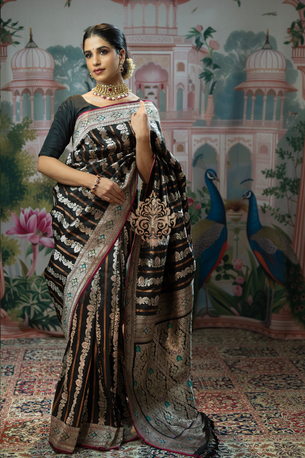 Handwoven vintage revival black silk saree