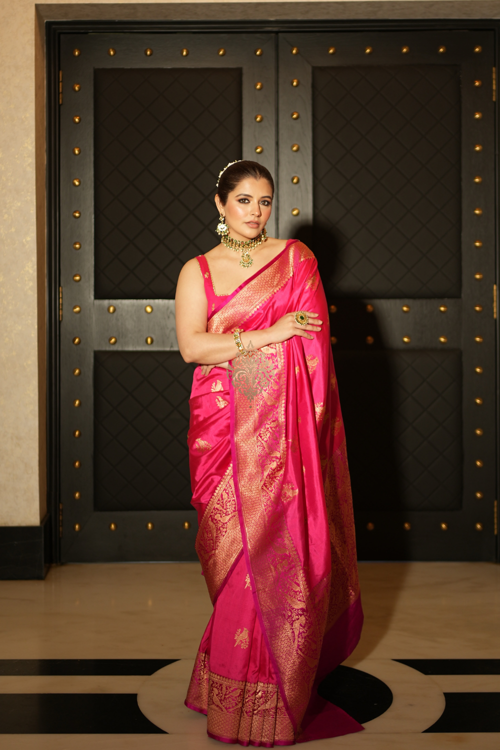 Natasha Luthra in our handwoven pink bird motif silk saree