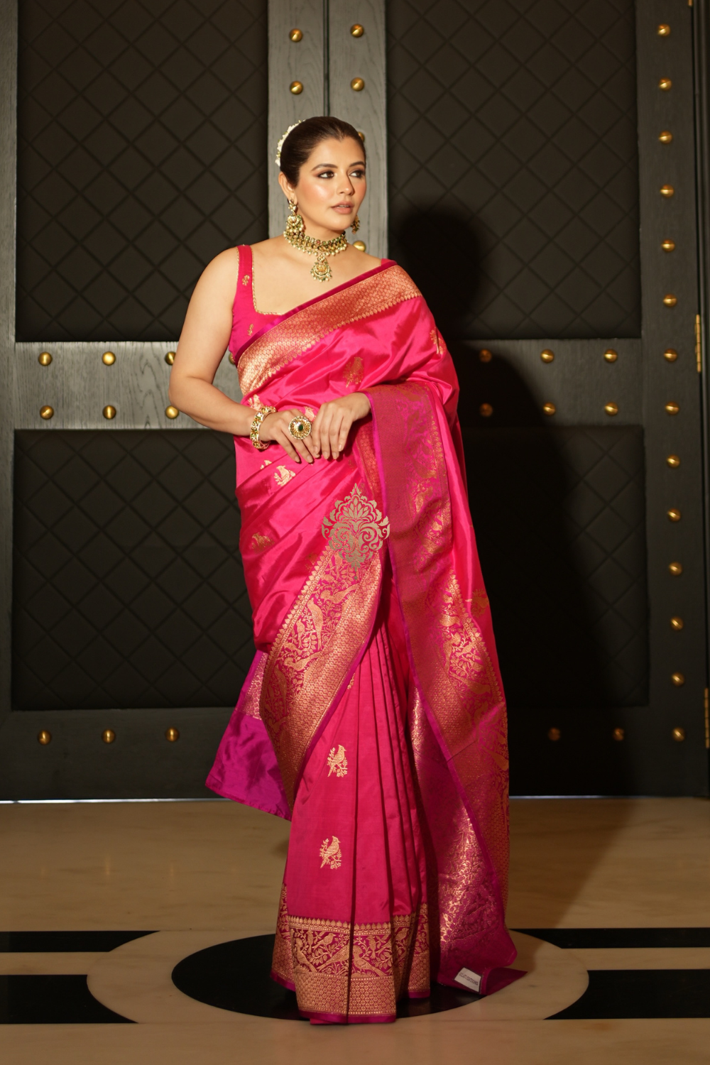 Natasha Luthra in our handwoven pink bird motif silk saree