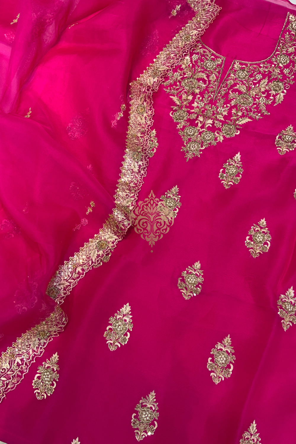 Hand embroidered fuschia pink unstitched suit set