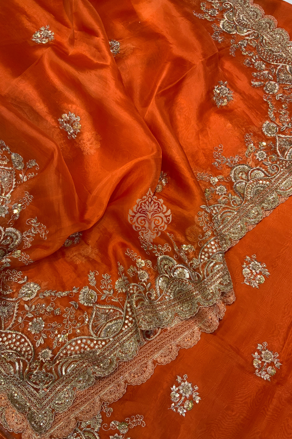 Hand embroidered orange unstitched suit set - single edition