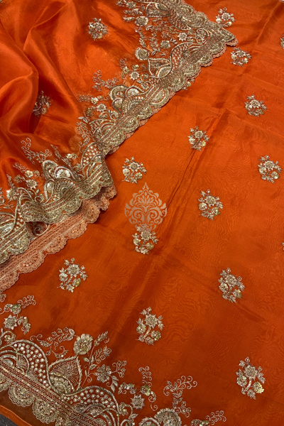 Hand embroidered orange unstitched suit set - single edition