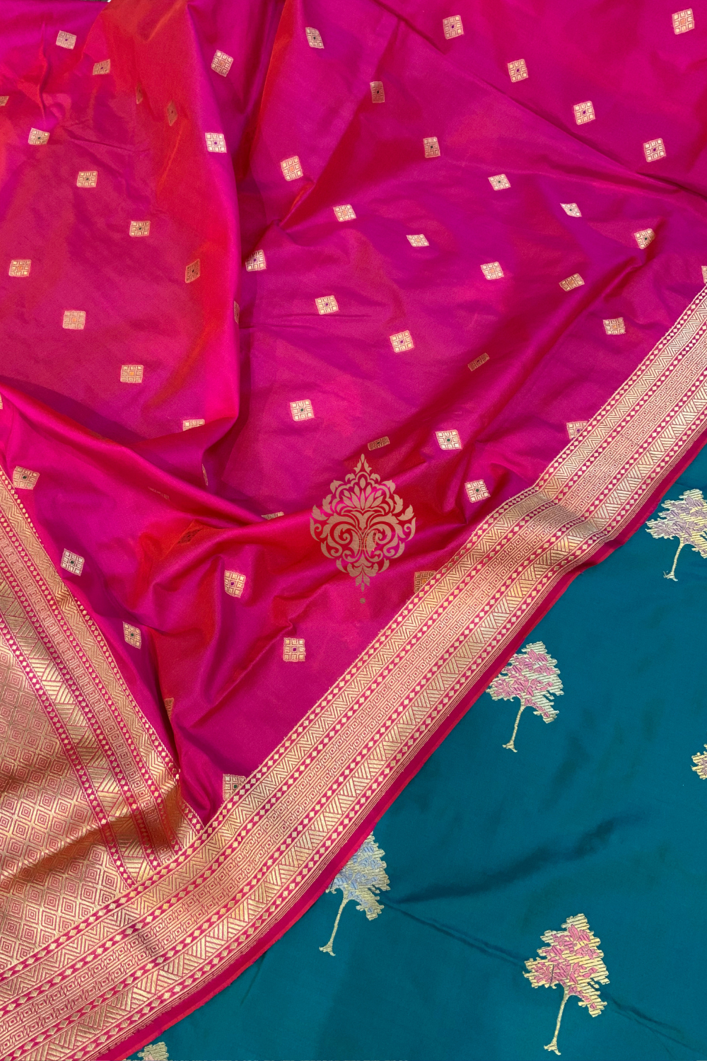 Handwoven peacock blue-pink ektaar unstitched suit set - single edition