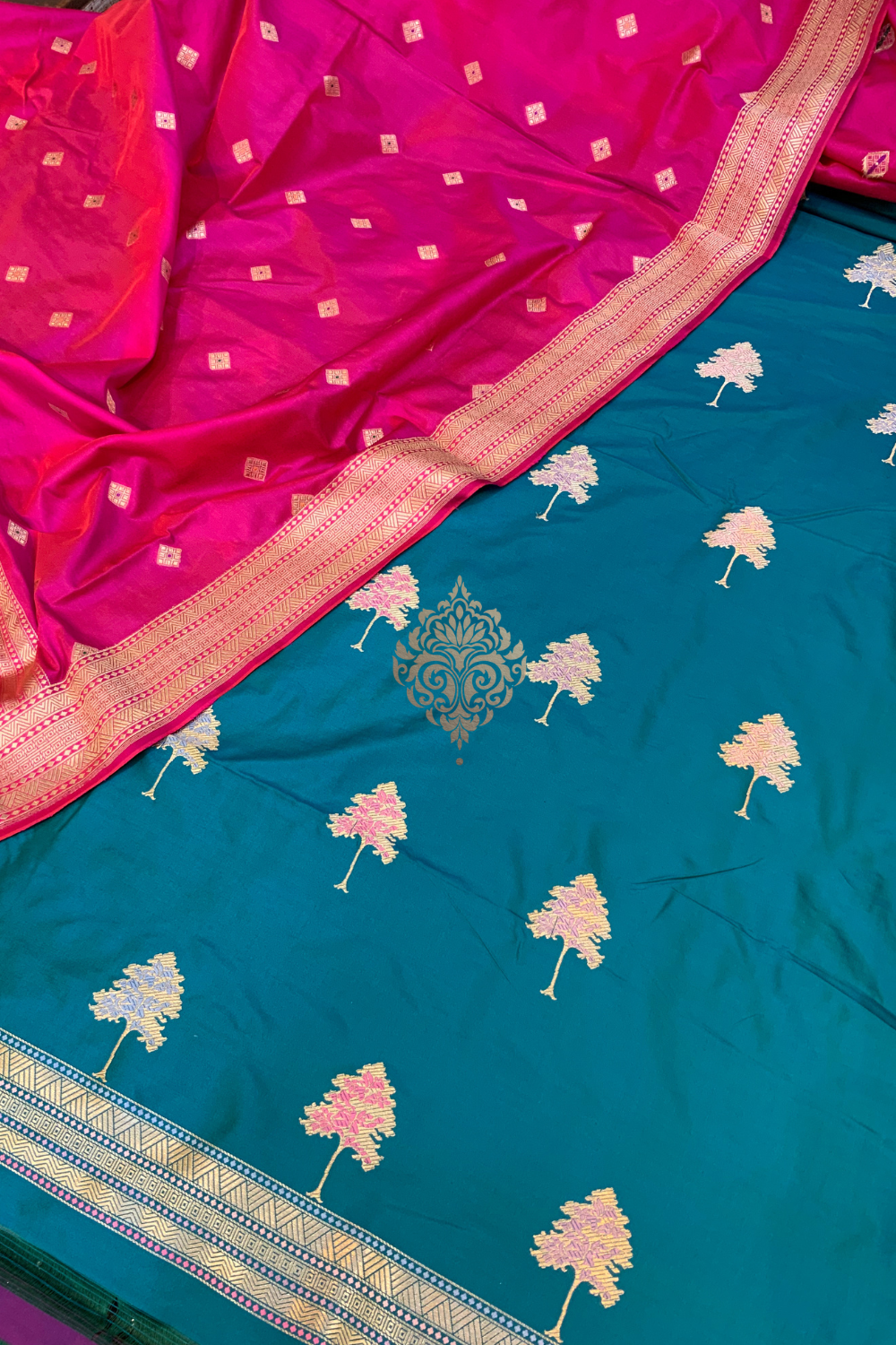 Handwoven peacock blue-pink ektaar unstitched suit set - single edition