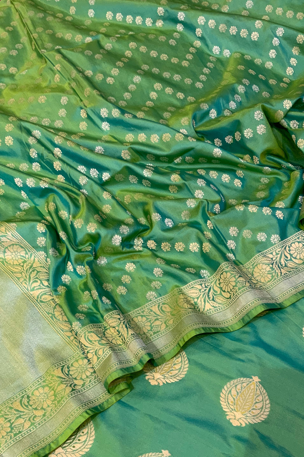 Handwoven shot green katan silk unstitched suit set - single edition