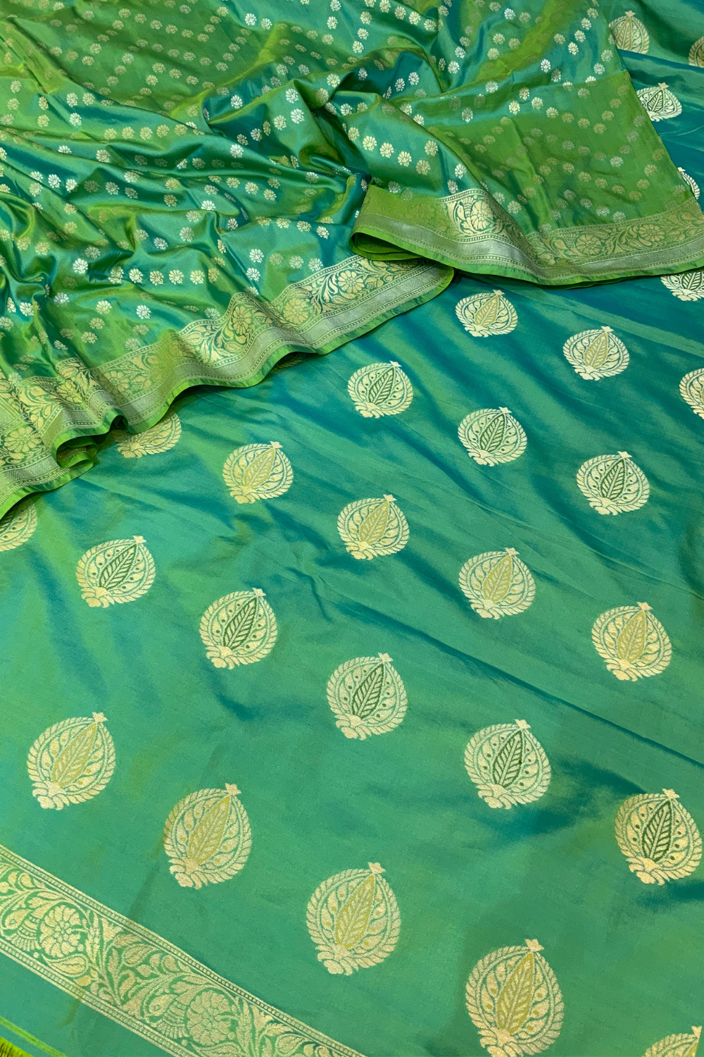 Handwoven shot green katan silk unstitched suit set - single edition