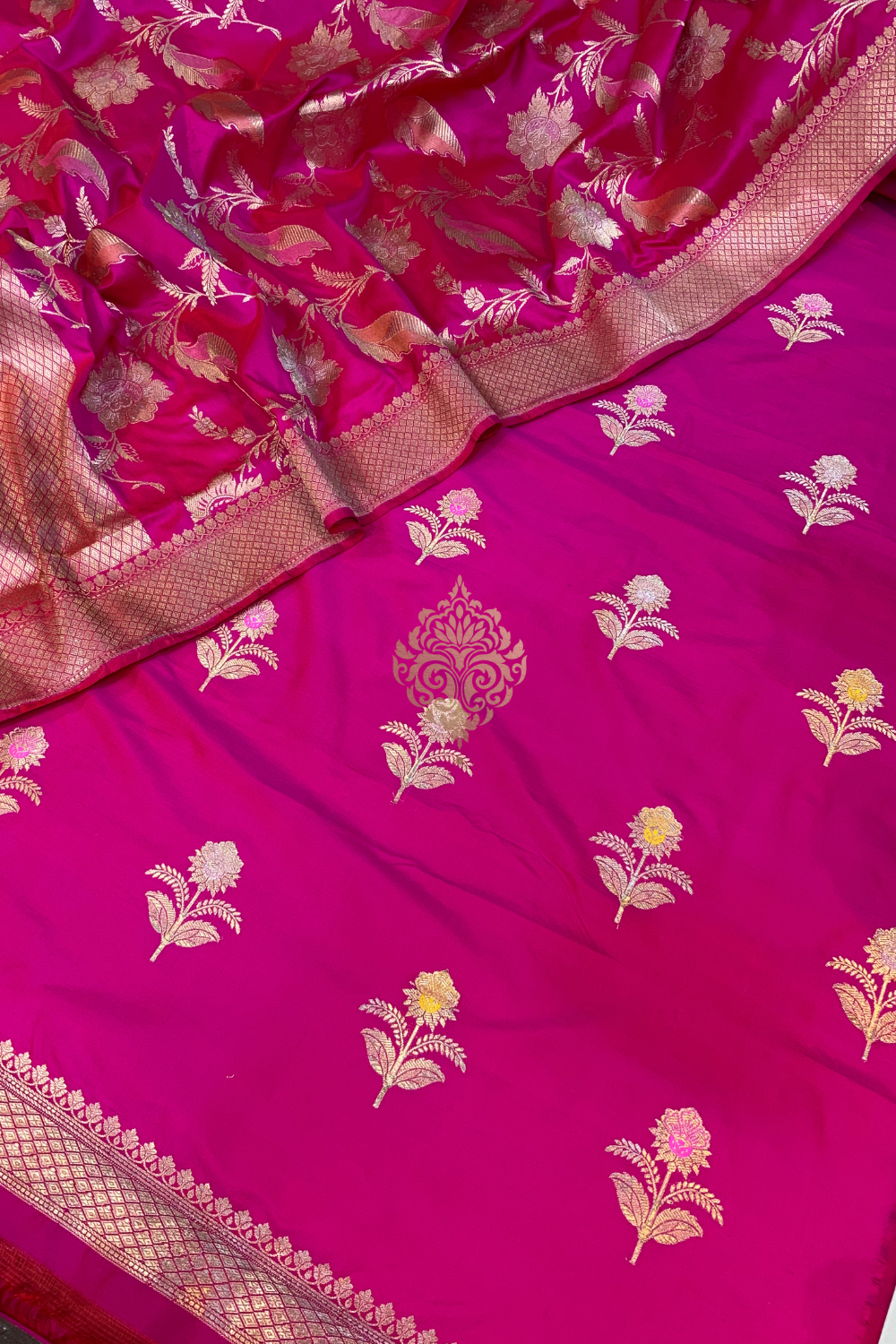 Handwoven masterpiece fuschia pink ektaar unstitched suit set - single edition