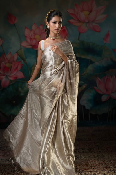 handwoven molten silver & nude pink pure tissue brocade saree