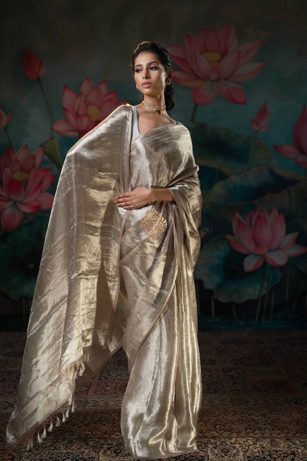 handwoven molten silver & nude pink pure tissue brocade saree