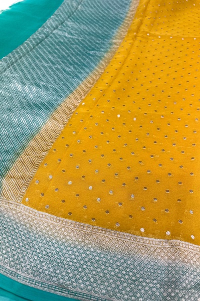 Handwoven yellow-turquoise georgette dupatta