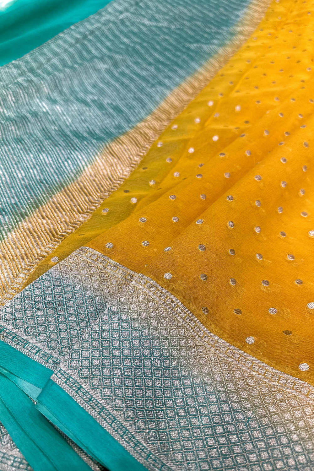 Handwoven yellow-turquoise georgette dupatta