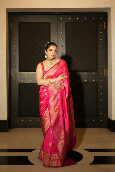 Natasha Luthra in our handwoven pink bird motif silk saree