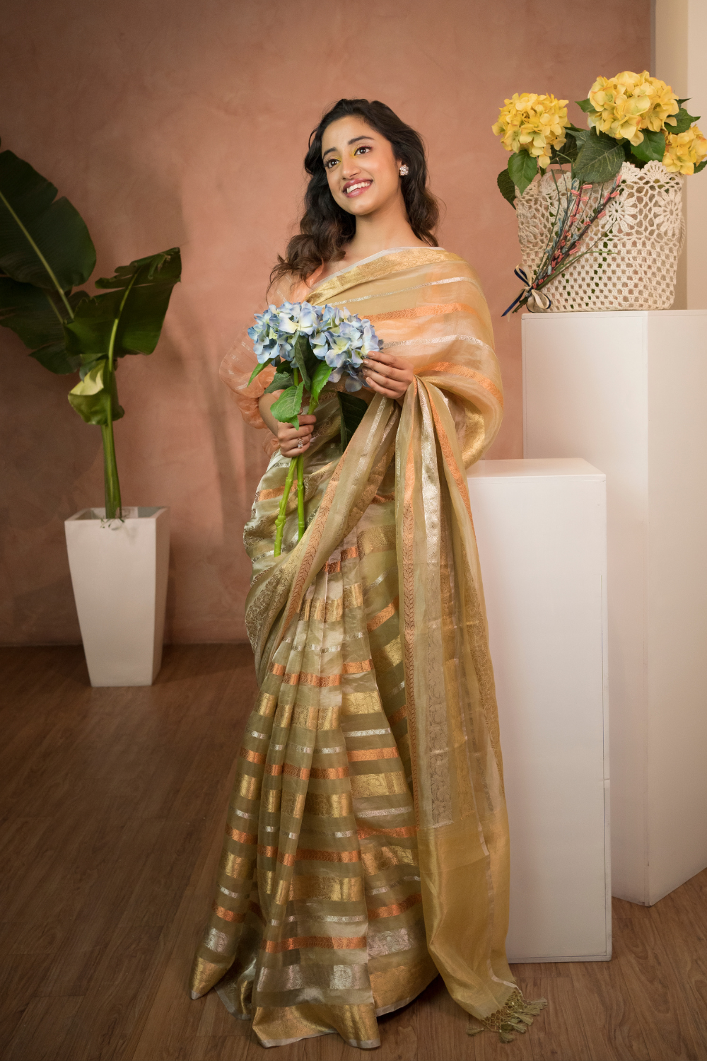 Handwoven 'melone' tissue saree