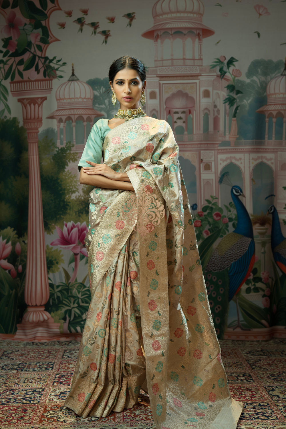 Handwoven vintage revival taupe silk saree