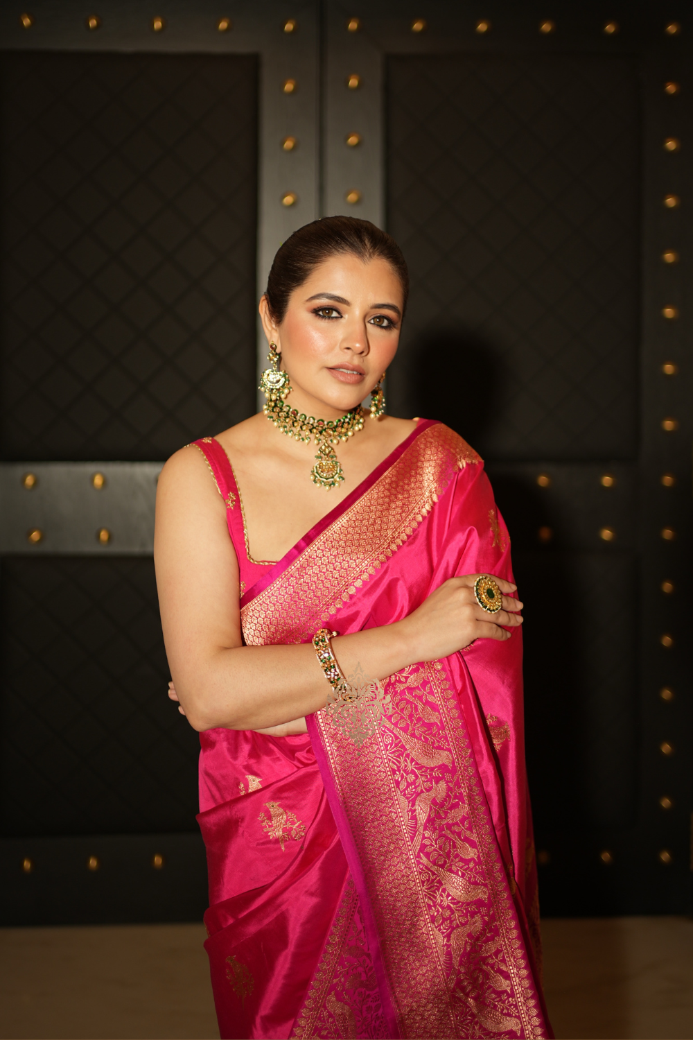 Natasha Luthra in our handwoven pink bird motif silk saree