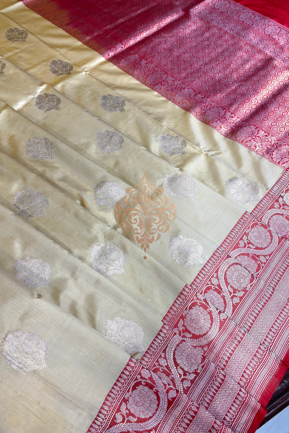 handwoven cream-red silk saree