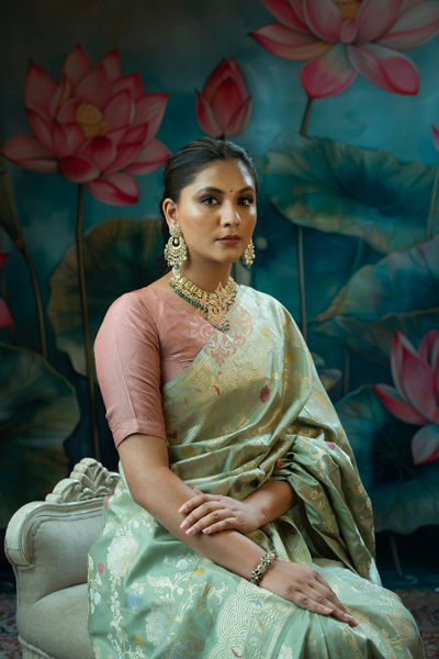 Handwoven vintage revival mint green silk saree