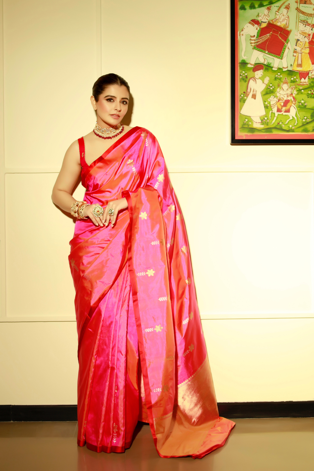 Natasha Luthra in our handwoven shot pink silk saree