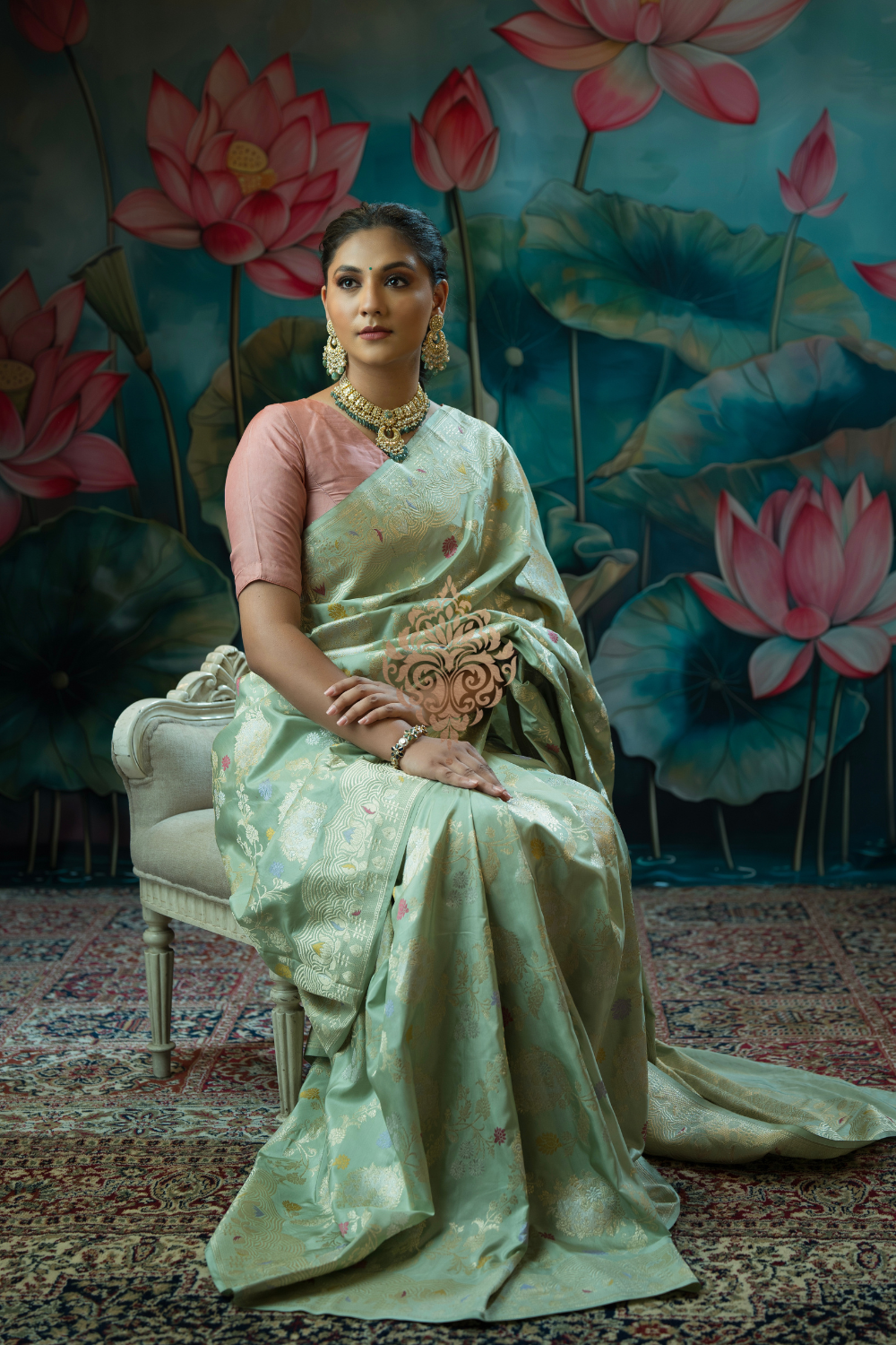 Handwoven vintage revival mint green silk saree