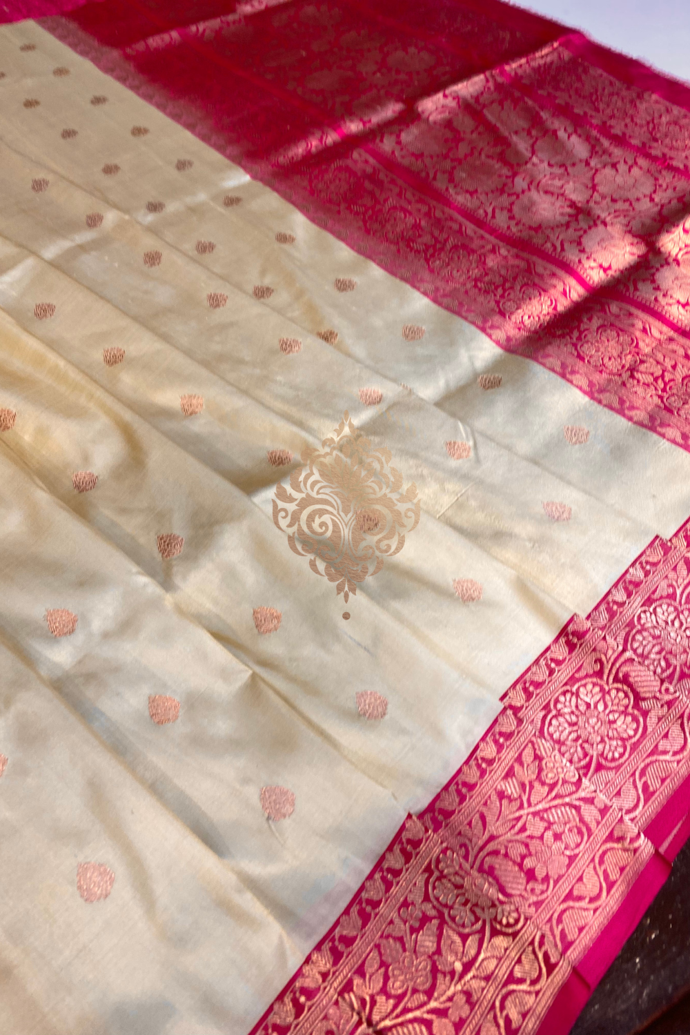 handwoven cream-pink silk saree