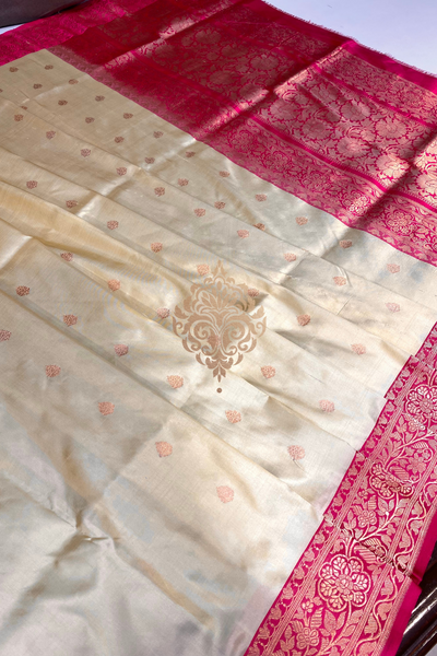 handwoven cream-pink silk saree