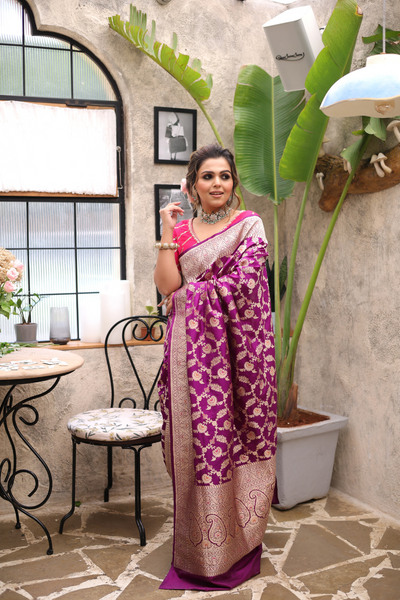 TIna Kakkad in our handwoven purple jangla silk saree