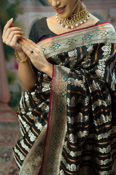 Handwoven vintage revival black silk saree