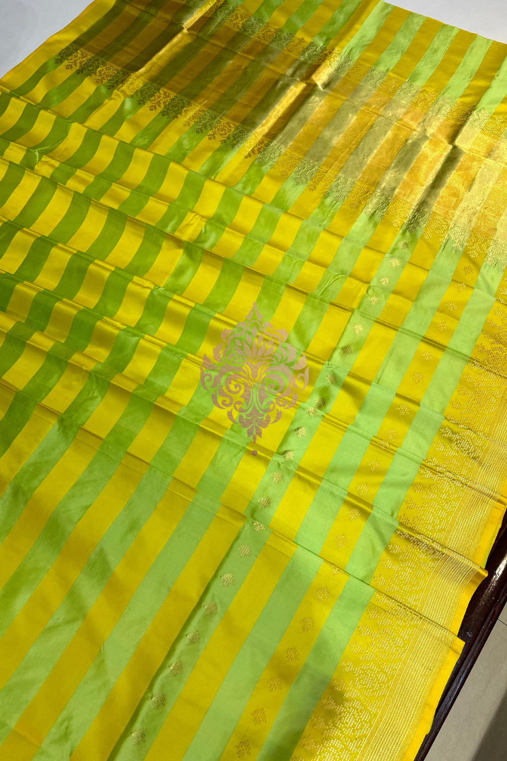 handwoven yellow-lime green satin silk saree