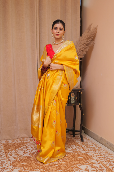 Ayushi Rajput in our handwoven yellow silk saree