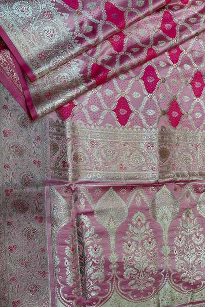 Woven pink tanchoi satin saree