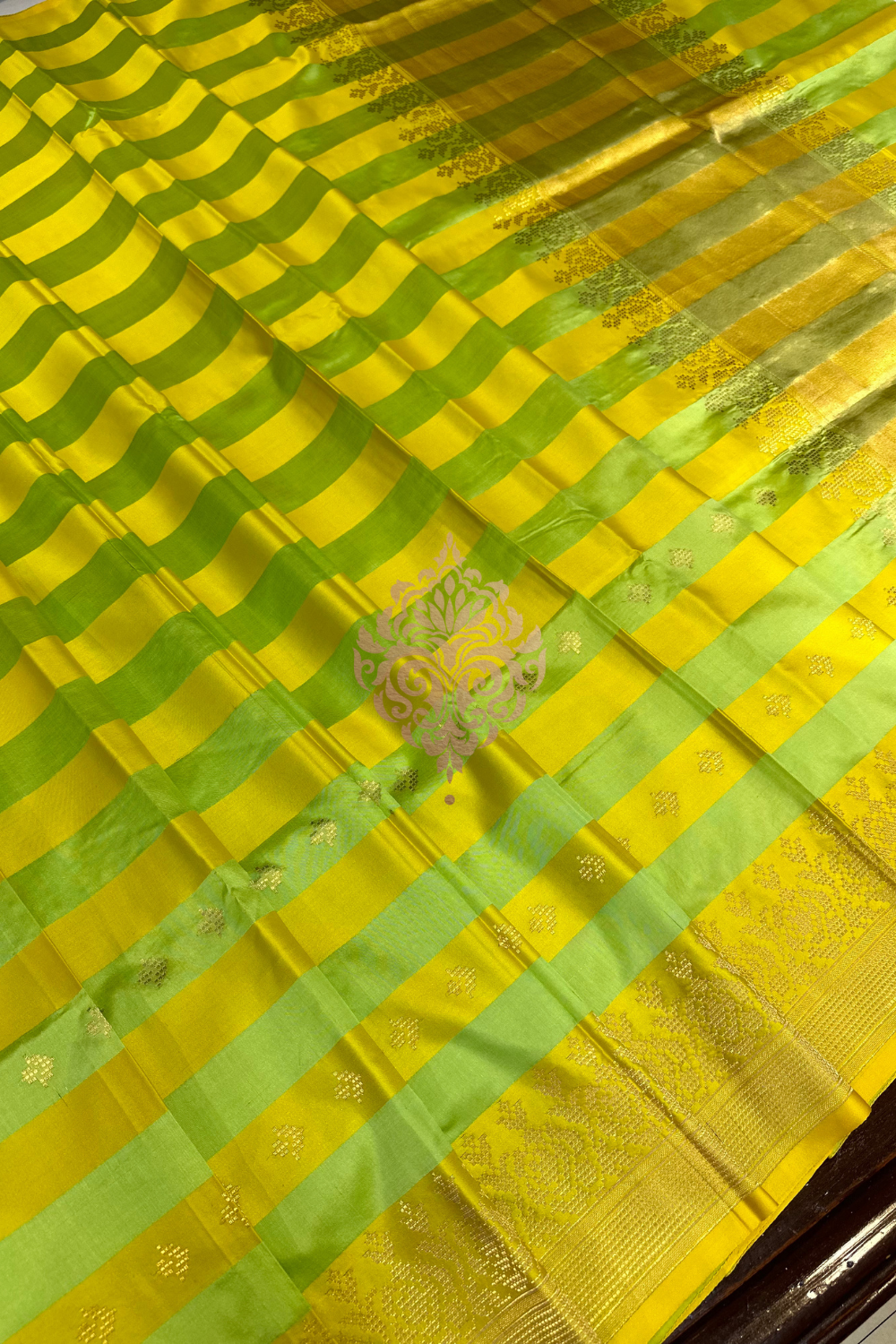 handwoven yellow-lime green satin silk saree