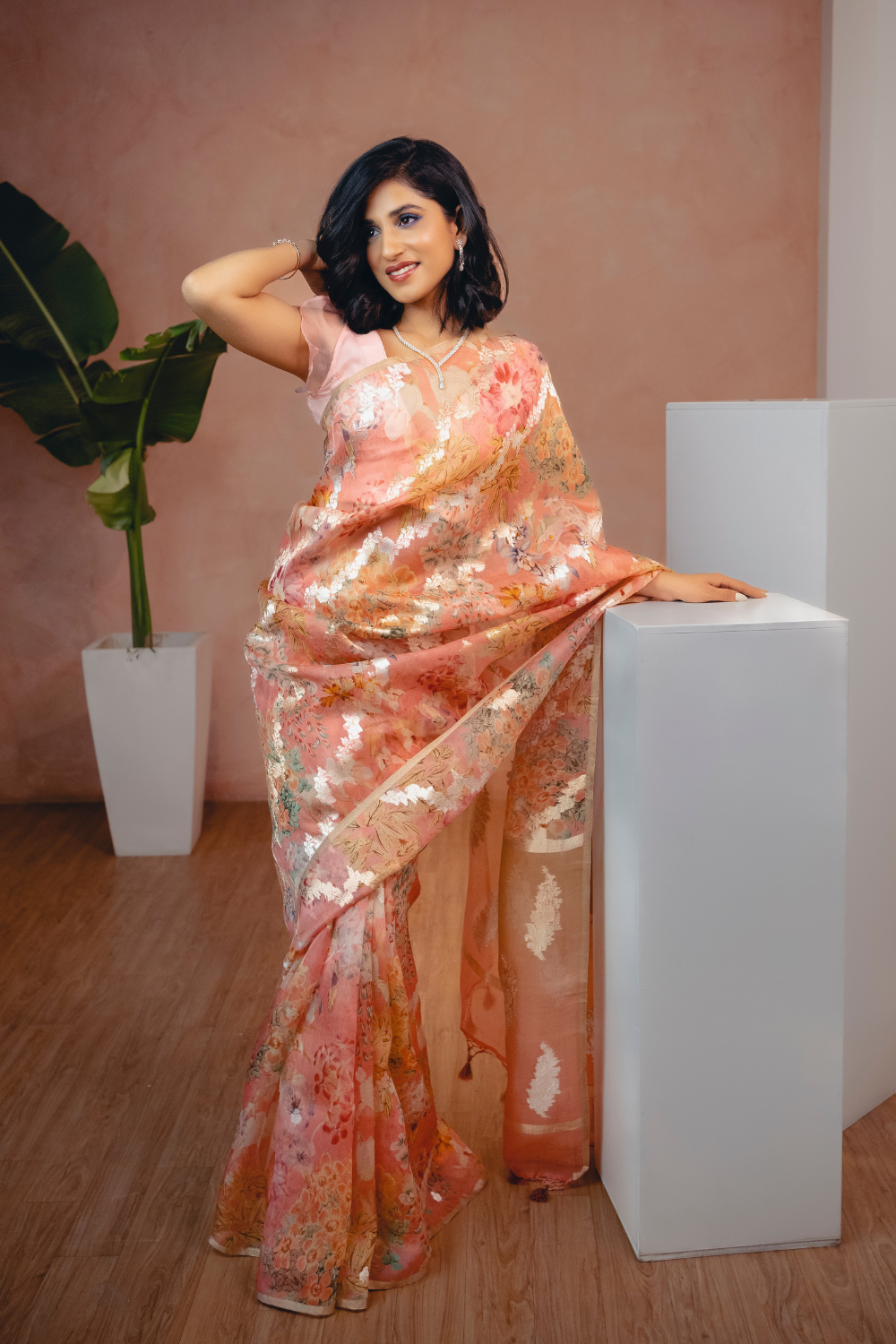 Handwoven 'corallo' organza saree