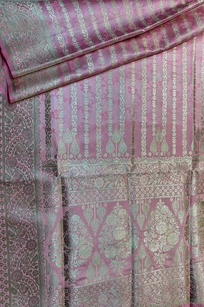 Woven pink satin tanchoi saree