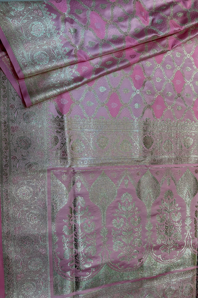 Woven pink satin tanchoi saree