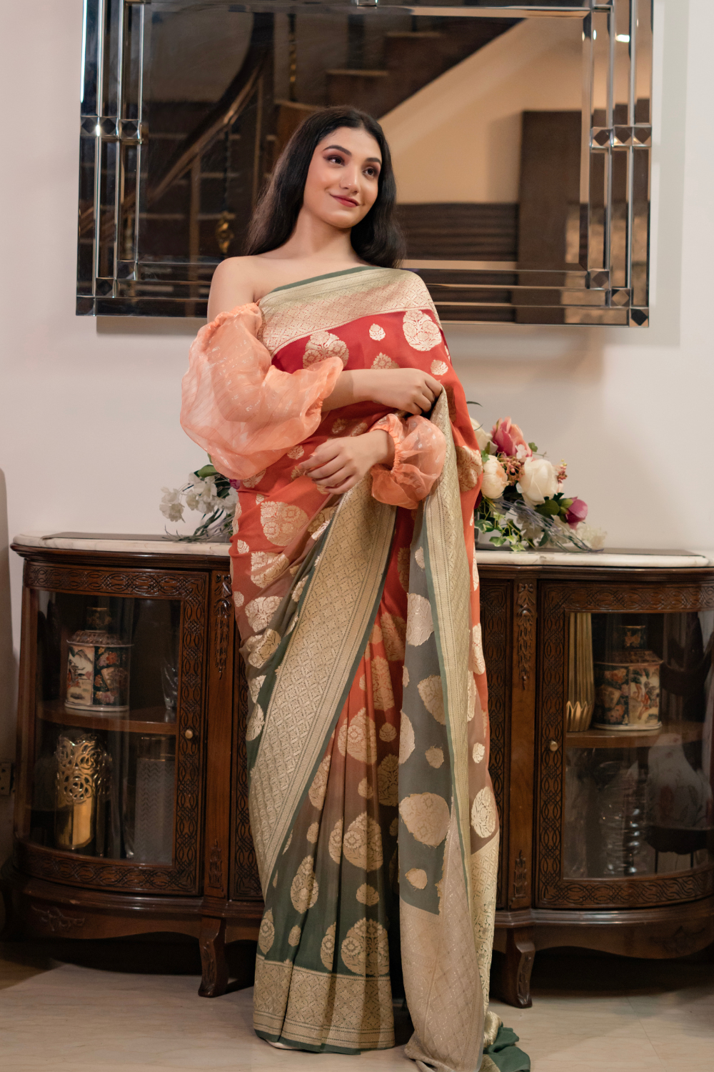 Handwoven orange-green georgette saree