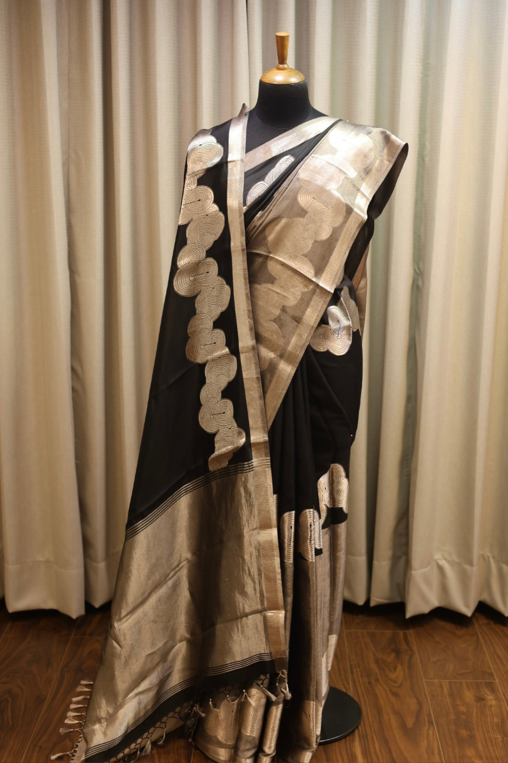 Handwoven Black Silk-Tissue Brocade Saree