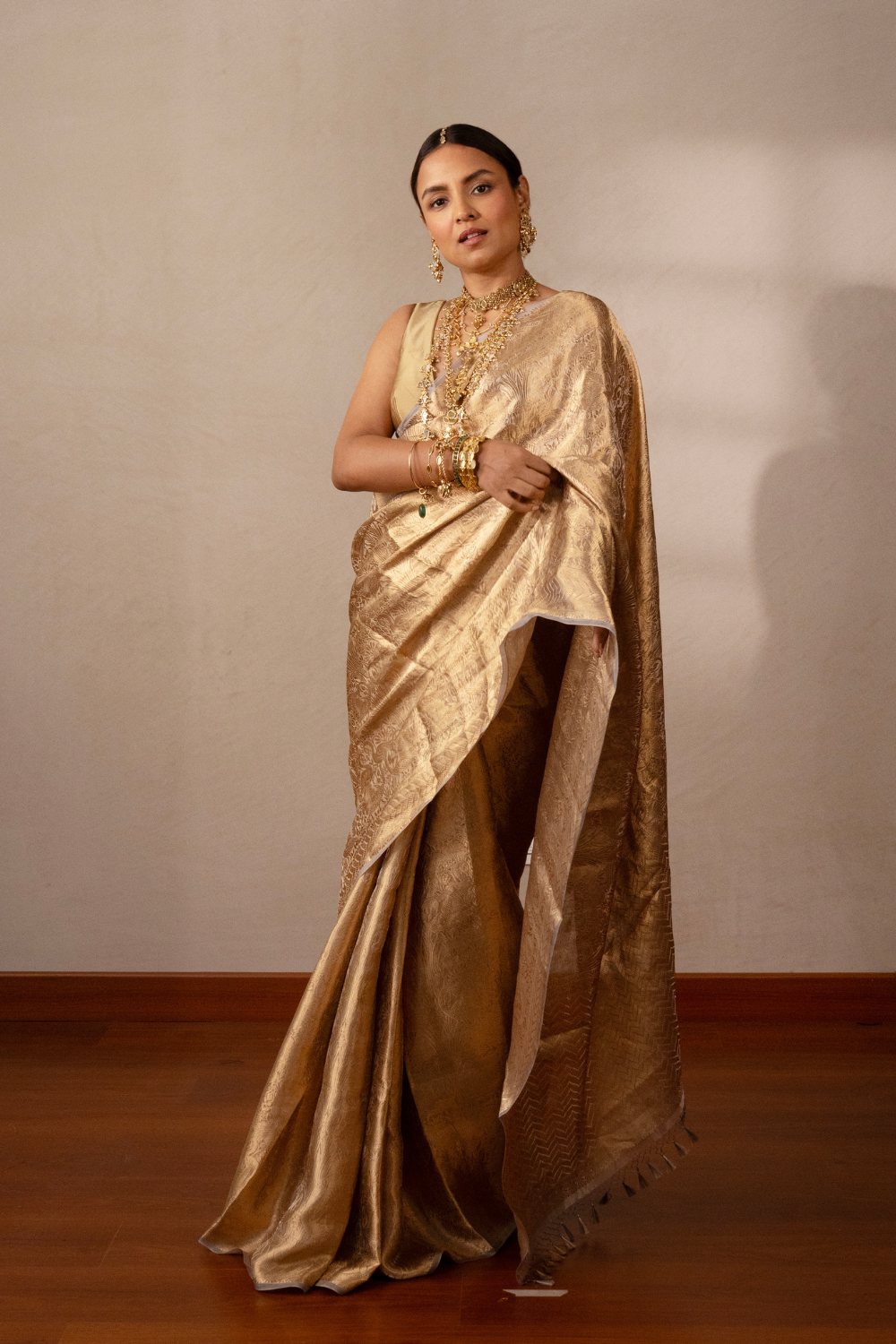 Molten gold pure tissue brocade shikargah saree