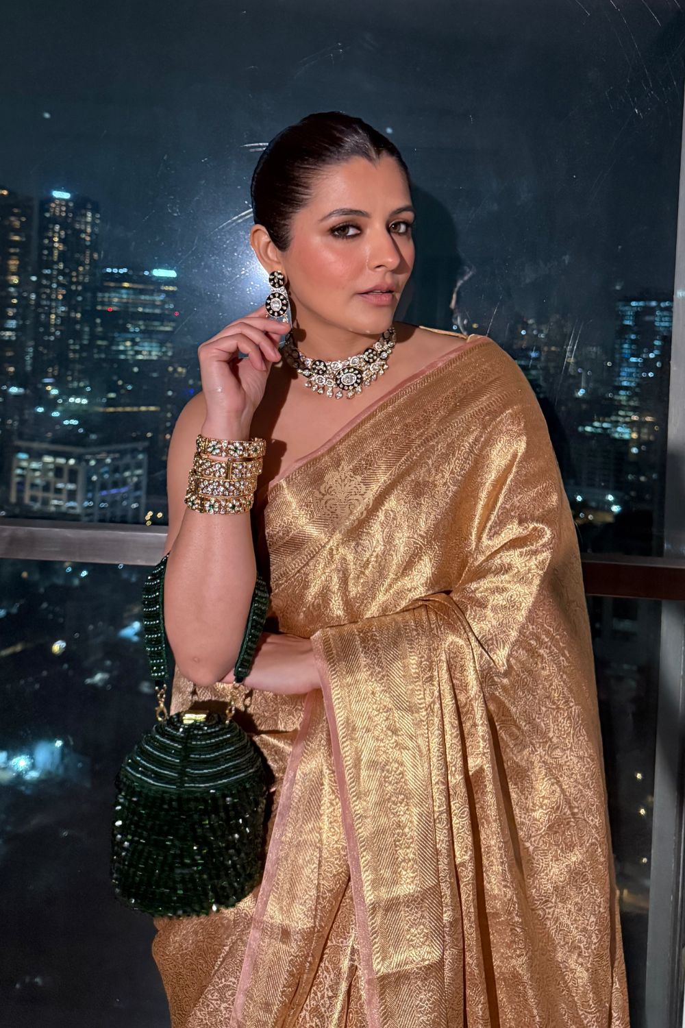 Natasha Luthra in our Handwoven Molten Gold Pure Tissue Brocade Saree