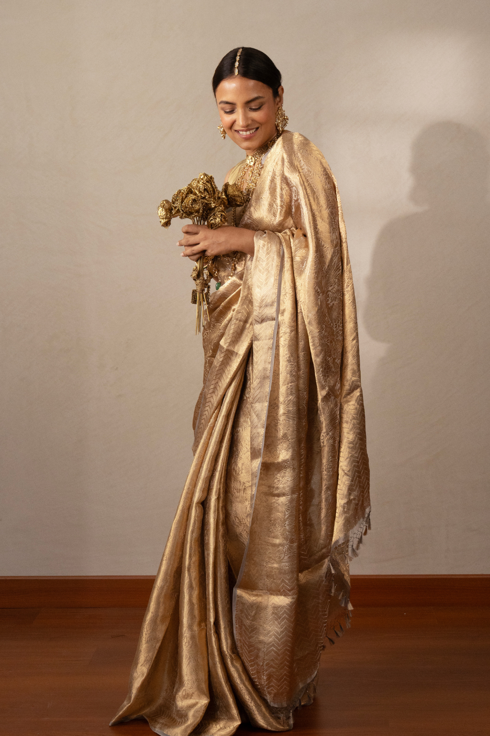 Molten gold pure tissue brocade shikargah saree