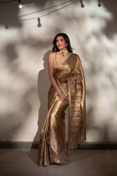 Karishma Tanna in our handwoven molten gold shikargah tissue saree