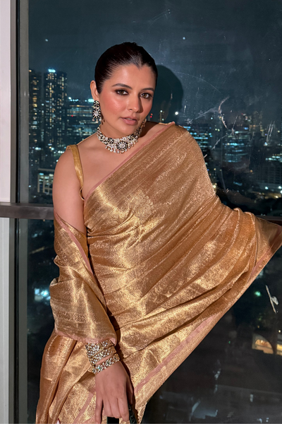 Natasha Luthra in our Handwoven Molten Gold Pure Tissue Brocade Saree