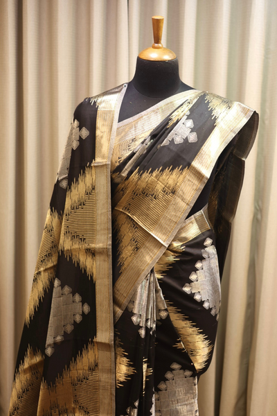 Handwoven black silk-tissue brocade saree