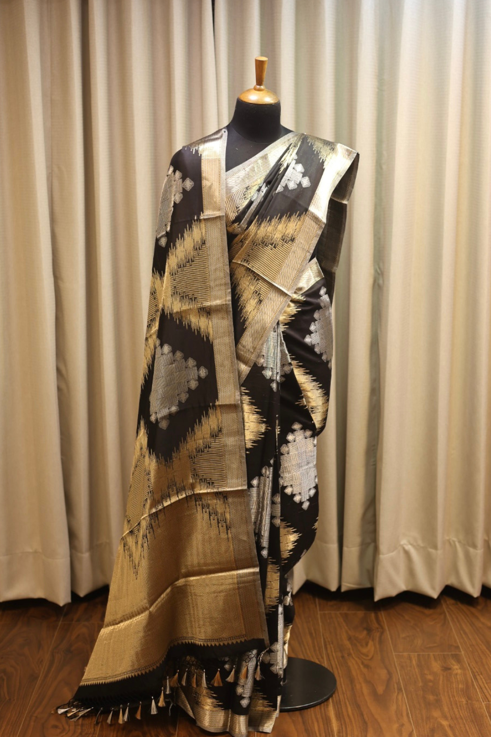 Handwoven black silk-tissue brocade saree
