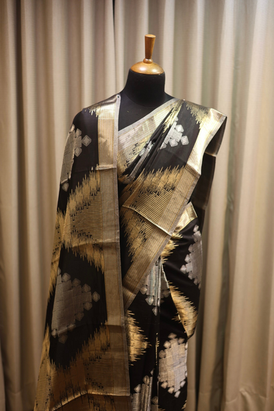 Handwoven black silk-tissue brocade saree