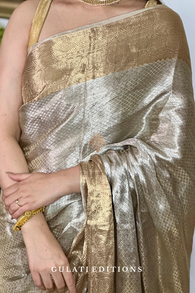 Handwoven Molten Silver-Gold Pure Tissue Brocade Saree