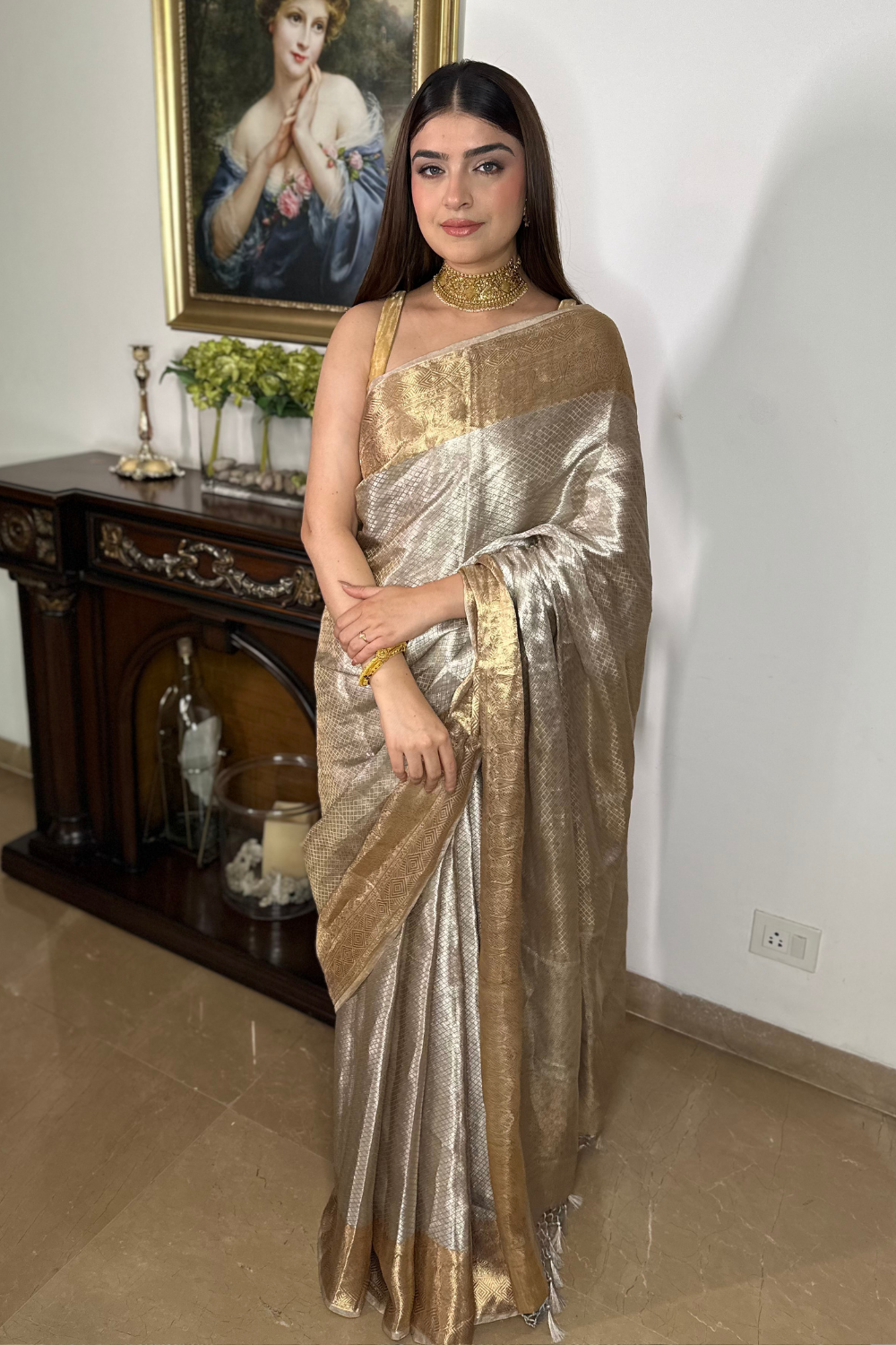 Handwoven Molten Silver-Gold Pure Tissue Brocade Saree