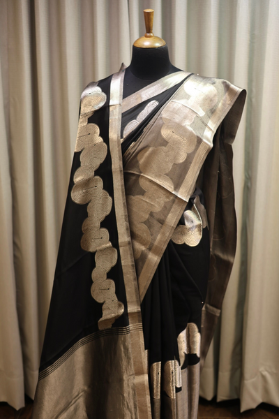 Handwoven Black Silk-Tissue Brocade Saree