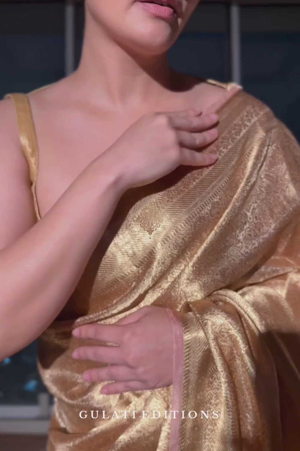 Natasha Luthra in our Handwoven Molten Gold Pure Tissue Brocade Saree